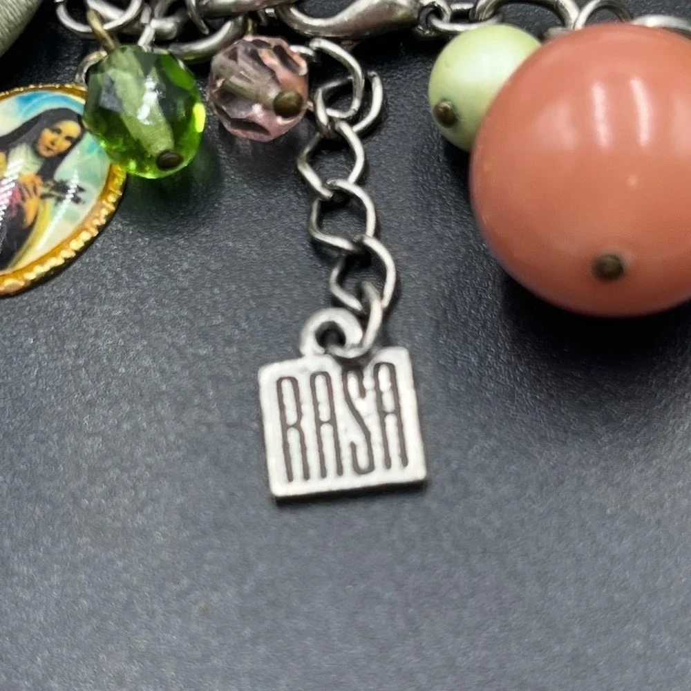 Rasa Signed Peach Green Beaded Pink Rose Religious Themed Charm Dangle‎ Bracelet